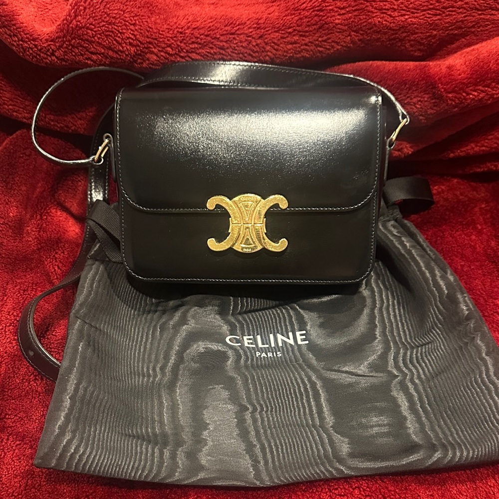 Celine Teen Triomphe Black Crossbody Bag with Gold Accent
